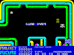 Project Future (ZX Spectrum) screenshot: Game over. All that remains of Farley is his head in the top left corner of the room