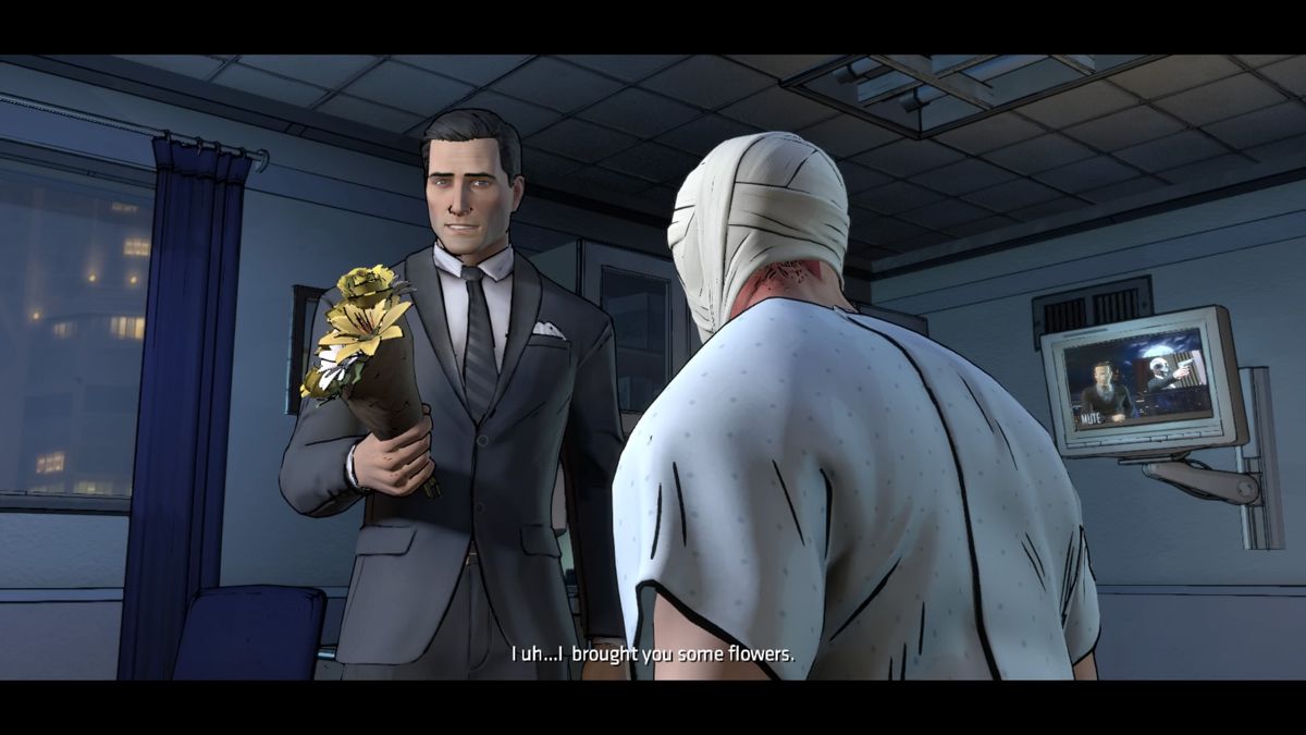 Batman: The Telltale Series - Episode Three of Five: New World Order (PlayStation 4) screenshot: Trying to cheer your friend with a bit of a white lie