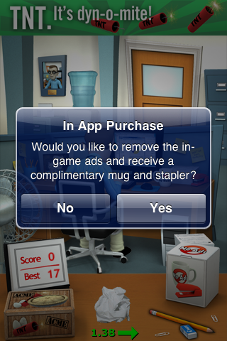 Office Jerk (iPhone) screenshot: The game's business model reveals itself.