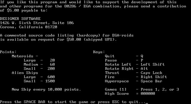 EGA-Roids (DOS) screenshot: Instructions/Support screen