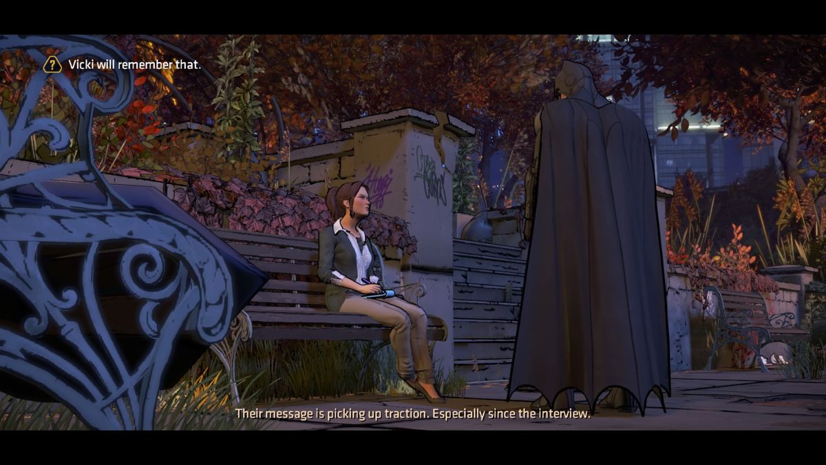 Batman: The Telltale Series - Episode Three of Five: New World Order (PlayStation 4) screenshot: Whenever the message says that certain character will remember something, it will most probably impact future dialogue or action
