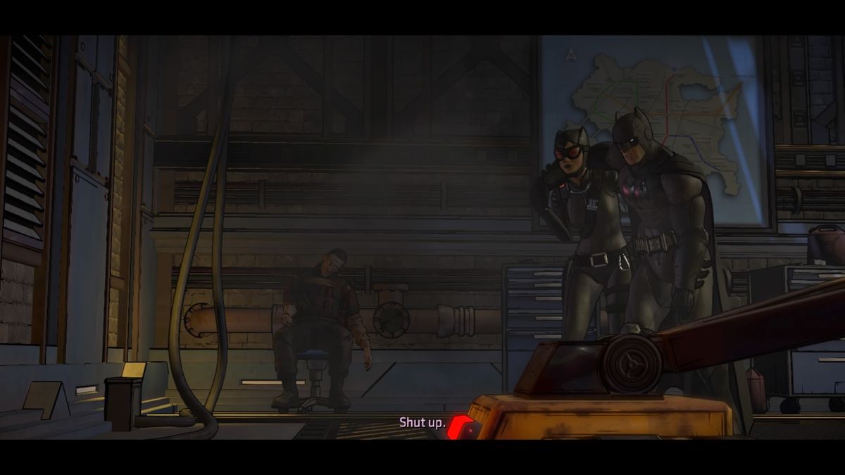 Batman: The Telltale Series - Episode Three of Five: New World Order (PlayStation 4) screenshot: Catwoman saving Batman who just got his a$$ kicked