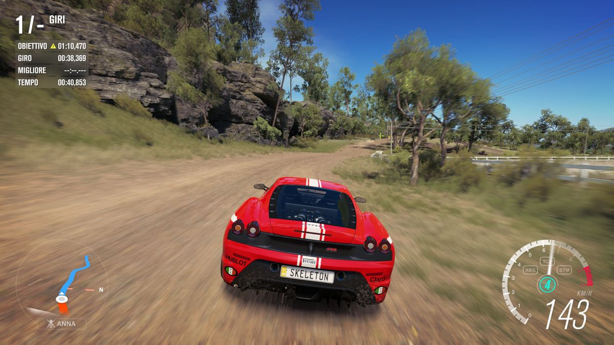 Forza Horizon 3 (Windows Apps) screenshot: Ferrari F430 driving on a dirt road