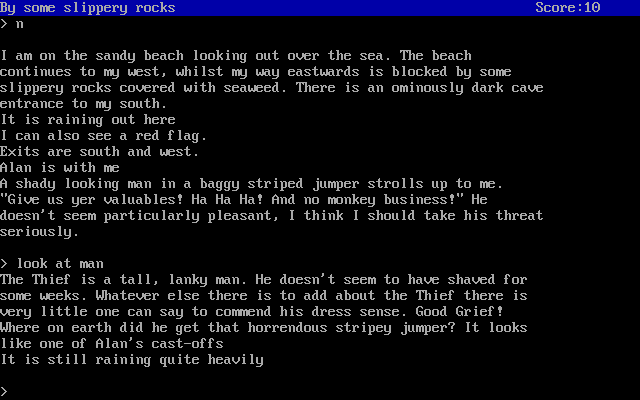 Jacaranda Jim (DOS) screenshot: Help, I'm being mugged by an interloper from Zork!