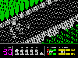 Highway Encounter (ZX Spectrum) screenshot: There's a short animated sequence at the start of the game. The white Vorton pushes the small pyramid/lasertron into the highway, then all its friends line up behind.