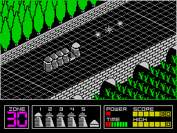 Highway Encounter (ZX Spectrum) screenshot: So now we have a convoy. The player controls the lead Vorton who has a gun. There are 30 zones to get through, the counter in the bottom left decreases as the player progresses