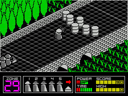 Highway Encounter (ZX Spectrum) screenshot: The first obstacles. These oil drums can be moved by running into them or by shooting them. The convoy will run into an obstacle and stop. It will stay there until the obstacle is moved