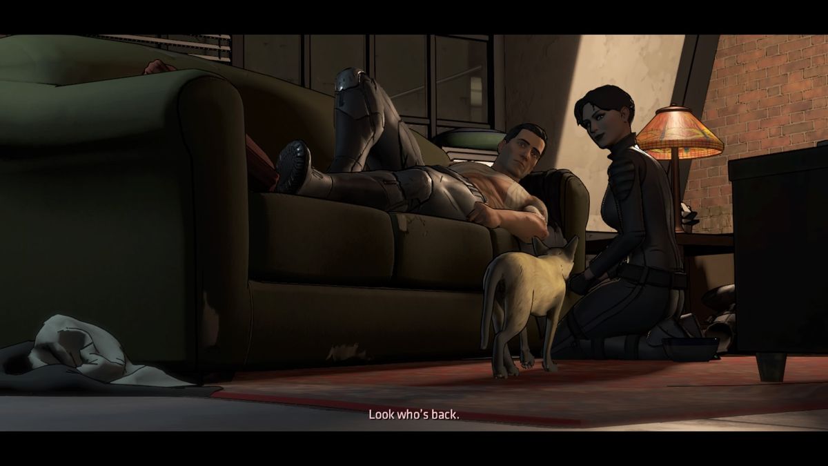 Batman: The Telltale Series - Episode Three of Five: New World Order (PlayStation 4) screenshot: Selina's cat doesn't like Bruce much