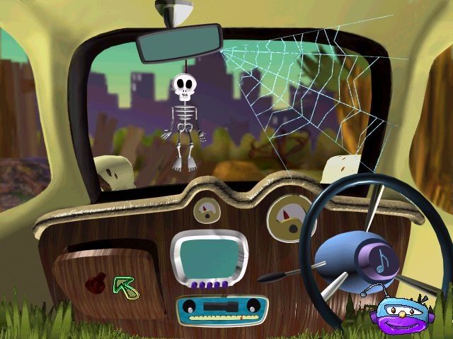 Junkyard Adventures in Space (Windows) screenshot: On entering the car a cheery little ditty is sung. There are two activities here, I-Spy is launched by clicking on the glove box and the Space Quiz by clicking on the radio