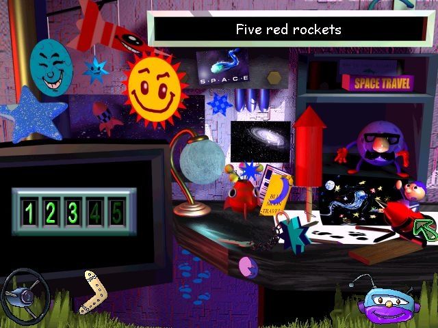 Junkyard Adventures in Space (Windows) screenshot: The I-Spy Quiz<br>The player has been asked to find five red rockets and has so far only found three.<br>The Steering Wheel returns to the car, the monkey to the main menu