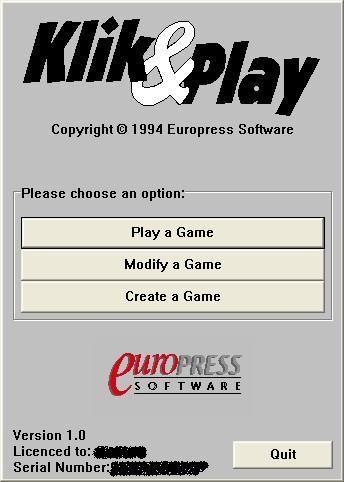 Klik & Play (Windows 3.x) screenshot: When the package has loaded the user / player is presented with a play or create menu. The menu displays the user id and the package serial no which have been obscured in this shot