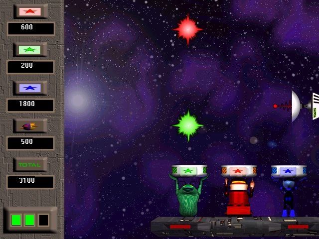 Junkyard Adventures in Space (Windows) screenshot: Playing The Alien game<br>The objective is to score points by having the green alien catch green stars, the blue alien blue stars and the red alien red ones. Oh! and shoot the spaceship