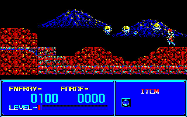 The Scheme (PC-88) screenshot: Take THIS, you evil... floating pods!