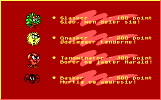Harald Hårdtand: Kampen om de rene tænder (DOS) screenshot: Overview of the enemies (EGA)