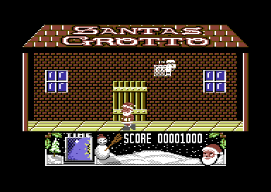 The Official Father Christmas (Commodore 64) screenshot: Catch the yellow, falling toys.