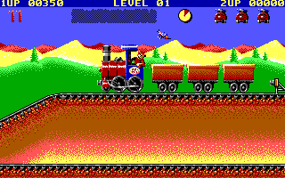 Guldkorn Expressen (DOS) screenshot: I found 3 wagons that I can use to put my cargo into. (EGA)