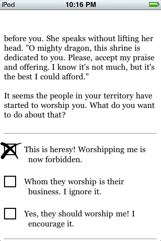 Choice of the Dragon (iPhone) screenshot: You may be an atheist, but this game's world does have gods who may not welcome the competition.