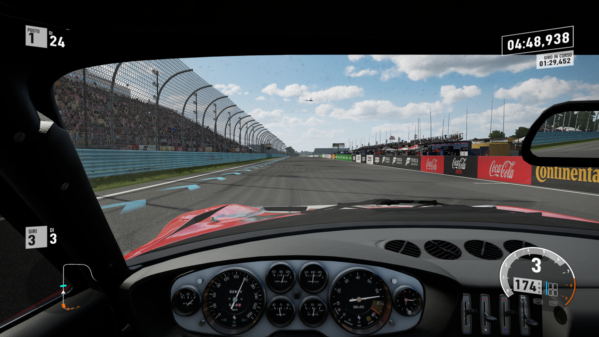 Forza Motorsport 7 (Windows Apps) screenshot: Ferrari 365 GTB/4 on Watkins Glen (cockpit view)