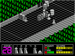 Highway Encounter (ZX Spectrum) screenshot: Sneak attack! Some baddies have appeared behind the convoy and have attacked from the side. The graphic in the bottom left shows a Vorton/a player's life has been lost.