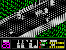 Highway Encounter (ZX Spectrum) screenshot: Whenever a life is lost the Vortons line up behind the small pyramid with the players Vorton at the rear.
