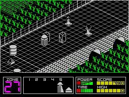 Highway Encounter (ZX Spectrum) screenshot: One zone further on and there are some blocks that cannot be moved or destroyed and some baddies that cannot be killed.