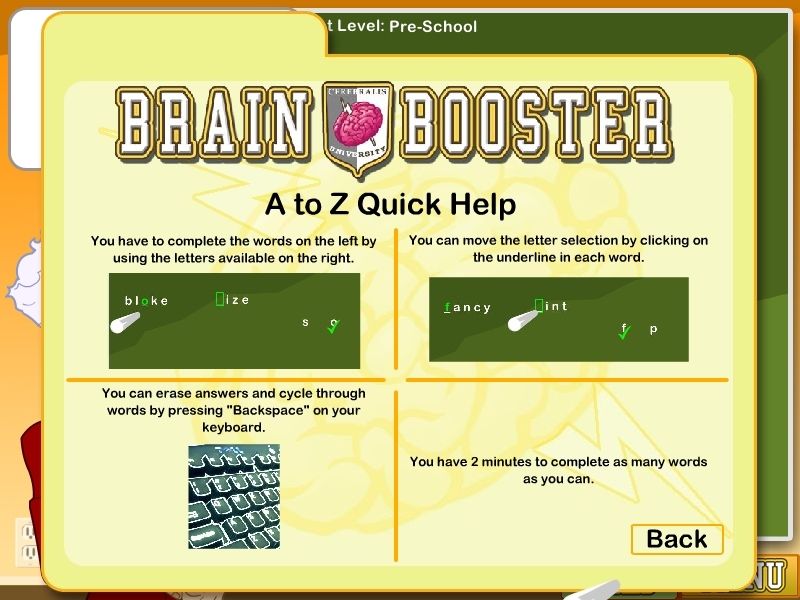 Brain Booster (Windows) screenshot: The game starts with professor Edmund taking the new pupil through a practice quiz. In addition to his text box instructions there's help like this for each game