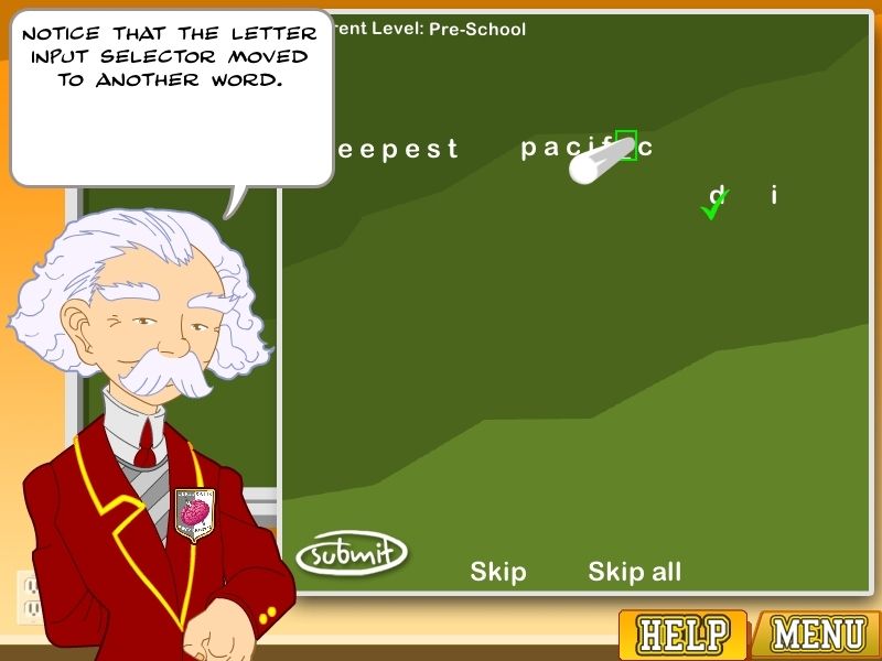 Brain Booster (Windows) screenshot: The game starts with Professor Edmund taking the pupil through a Practice Quiz. This is the A-Z Quiz. There's no speech from him - just the text boxes