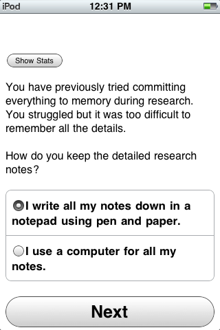Paranoia (iPhone) screenshot: Getting down to business: independent research into paranoid conspiracy theories.