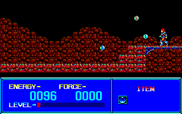 The Scheme (PC-88) screenshot: I've got power-ups! I've got power-ups! Now I can play all day and Mommy won't know anything
