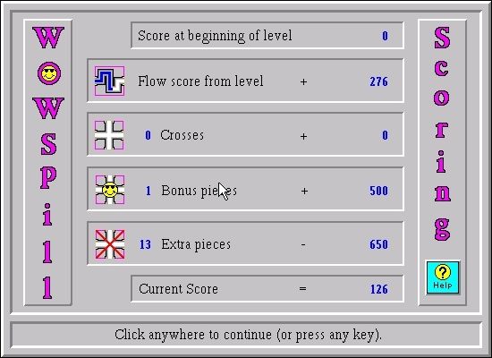 WOWSpill (Windows 3.x) screenshot: The score after each attempt is displayed like this