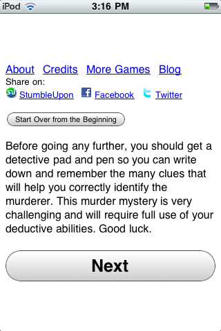 Popcorn, Soda ... Murder? (iPhone) screenshot: The game won't keep track of everything for you!