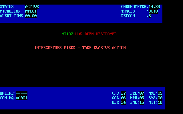 Defcon 5 (DOS) screenshot: A Defcon 3 warning! The first thing to do is press F7 to shut off the alarm. Don't Panic!