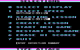 Type Attack (DOS) screenshot: Main menu (CGA, RGB)