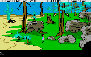King's Quest III: To Heir is Human (Atari ST) screenshot: Desert leads into rocky countryside.