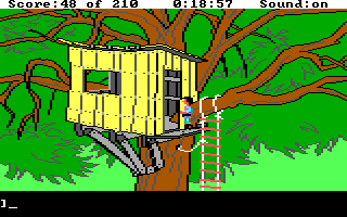 King's Quest III: To Heir is Human (DOS) screenshot: Friendly tree house or evil bandit's lair? You must find out. (EGA/Tandy)