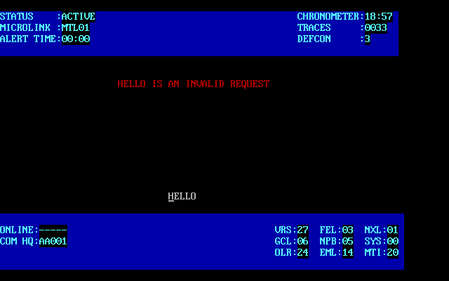 Defcon 5 (DOS) screenshot: Entering an invalid command