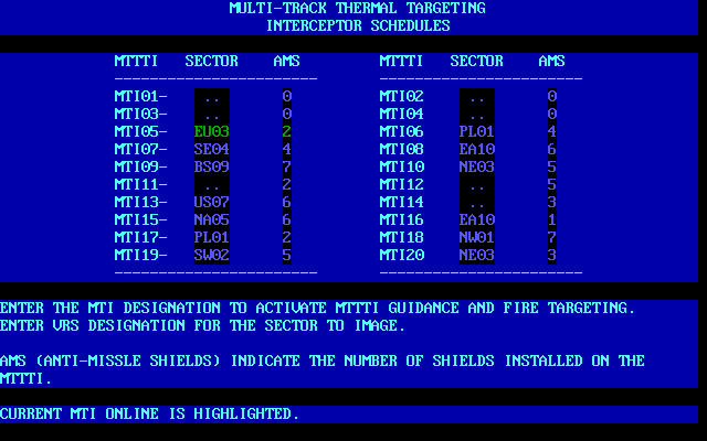 Defcon 5 (DOS) screenshot: Checking the Multi-Track Thermal-Target Interceptor(MTI) schedule to see which one we can bear on the enemy interceptors.