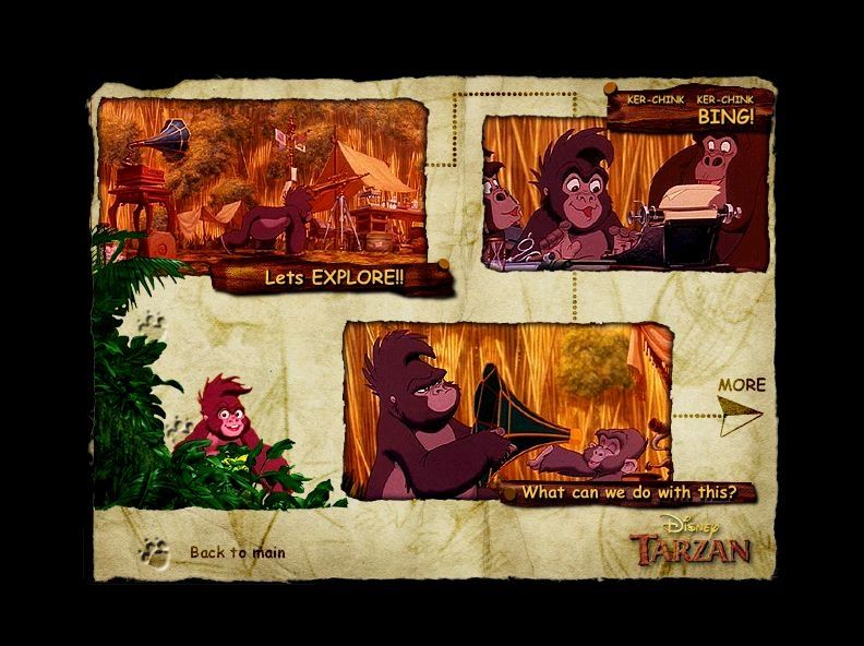 Tarzan (Windows) screenshot: The animated comic consists of two comic screens and a game/play screen. This is screen 1. Clicking on each panel plays a small animation that advances the story