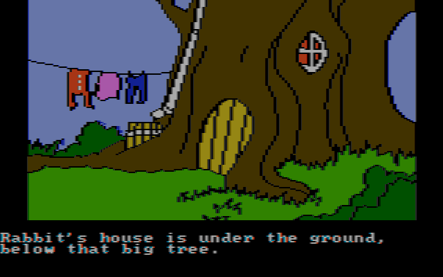 Winnie the Pooh in the Hundred Acre Wood (DOS) screenshot: Outside Rabbit's house. (CGA composite mode)