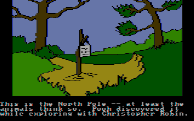 Winnie the Pooh in the Hundred Acre Wood (DOS) screenshot: The North Pole... At least according to the locals. (CGA composite mode)