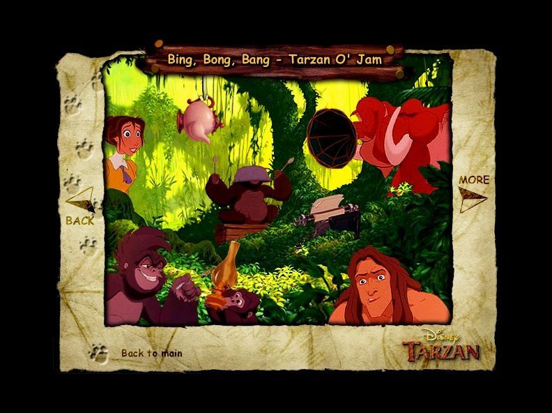 Tarzan (Windows) screenshot: The animated comic consists of two comic screens and this game screen. Clicking on each character plays a different sound