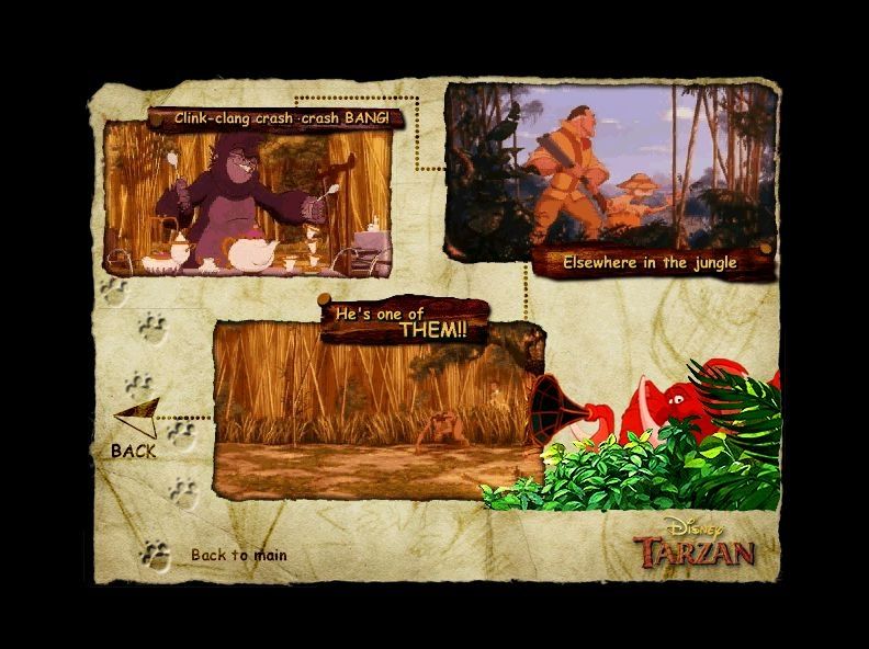 Tarzan (Windows) screenshot: The animated comic consists of two comic screens and a game/play screen. This is screen 2. Clicking on each panel plays a small animation that advances the story