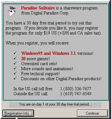 Paradise Solitaire (Windows) screenshot: The shareware version opens with this screen