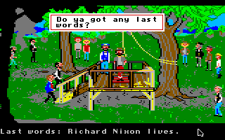 Gold Rush! (Apple IIgs) screenshot: Getting hung... My last words... RICHARD NIXON LIVES!