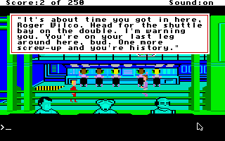 Space Quest II: Chapter II - Vohaul's Revenge (Apple IIgs) screenshot: Getting chewed out by an officer.