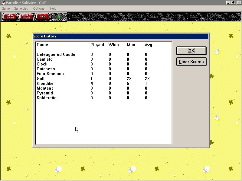 Paradise Solitaire (Windows) screenshot: The game maintains records of games won/lost but there are not individual records for each player