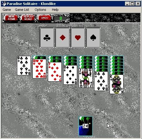 Paradise Solitaire (Windows) screenshot: The shareware game starts a windowed game of Klondike by default when it's first played. Thereafter it remembers the player's last game and opens that