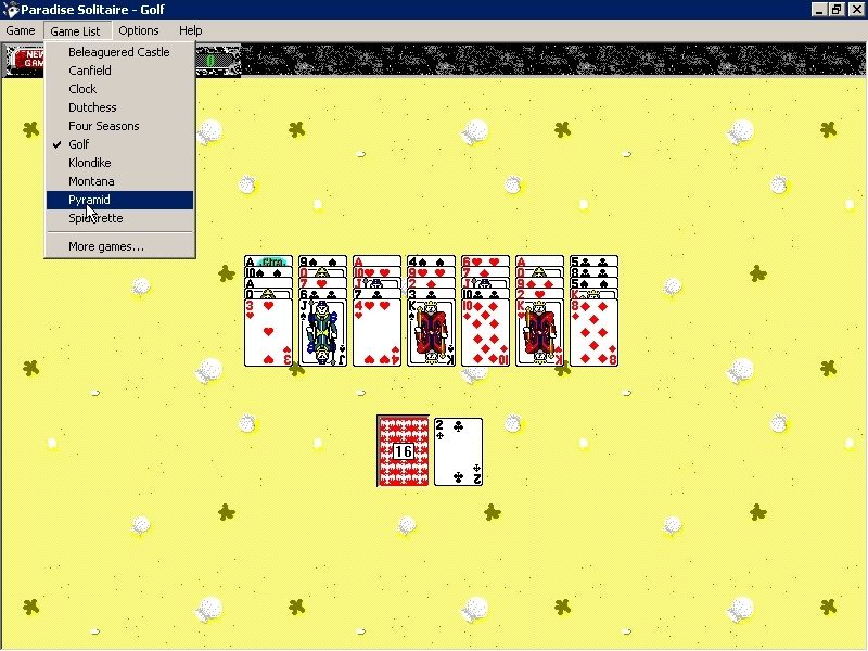 Paradise Solitaire (Windows) screenshot: Showing a full screen game with a changed background and card back together with the game drop-down selection menu