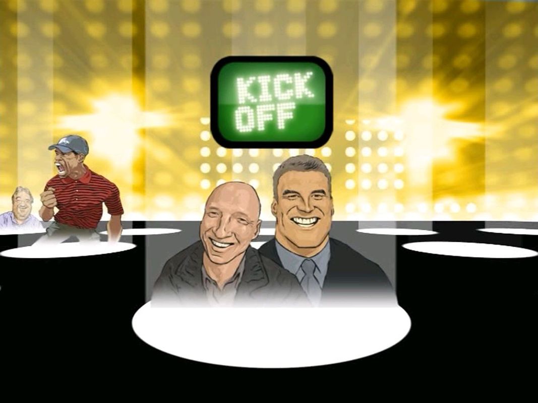 Talksport Interactive Quiz (DVD Player) screenshot: The game starts with company logos followed by upbeat music and a montage of cartoon figures showing sports men & women and the presenters