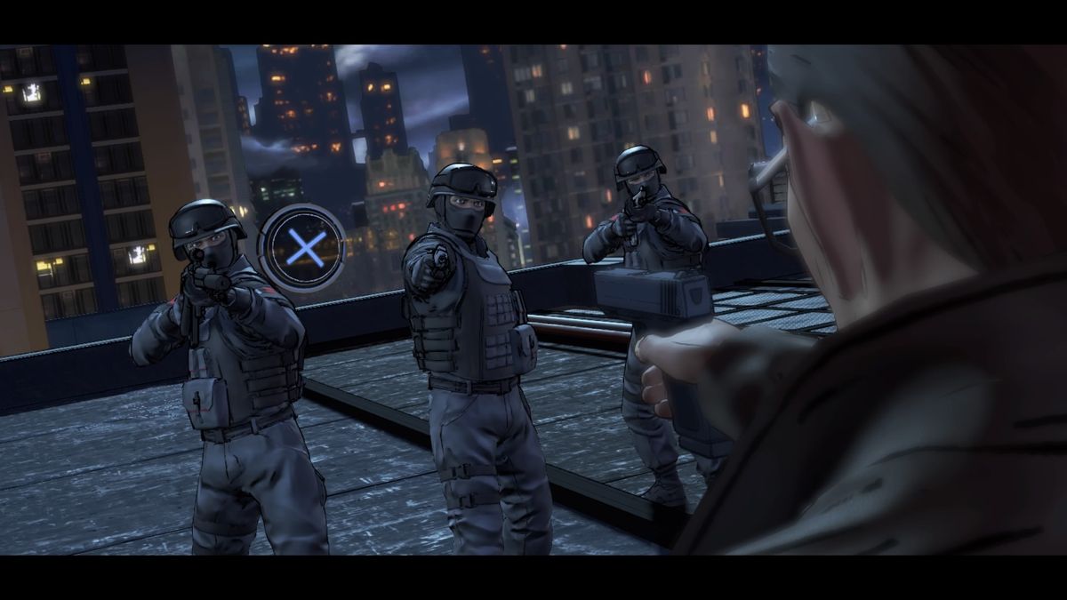 Batman: The Telltale Series - Season Finale (PlayStation 4) screenshot: Gordon is surrounded by Mayor Dent's enforcers